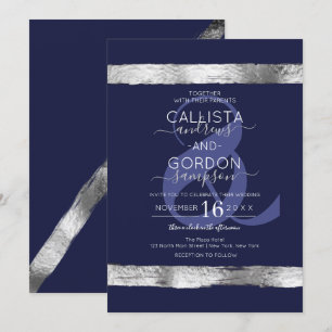 Invitation Mariage frontalier Blue Silver Brushstroke de la m