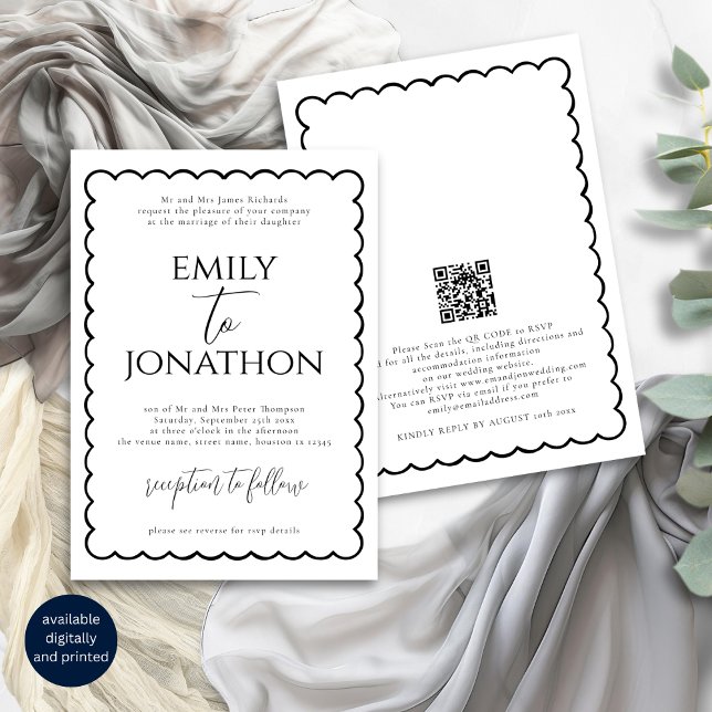 Invitation Mariage frontalier de ligne de ligne de fil agitée (Front and back view)