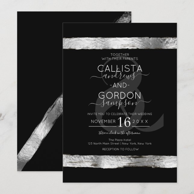 Invitation Mariage frontalier de luxe en argent noir brosse (Devant / Derrière)