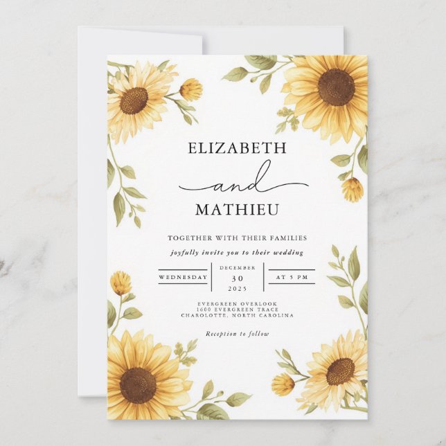 Invitation Mariage frontalier de tournesol rustique (Devant)