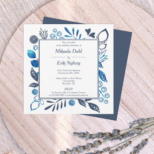 Invitation Mariage frontalier des fleurs Feuilles bleues et b