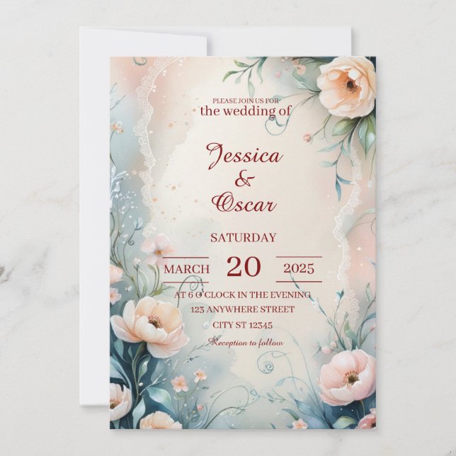 Invitation Mariage frontalier floral peint à la main en lunet (Devant)