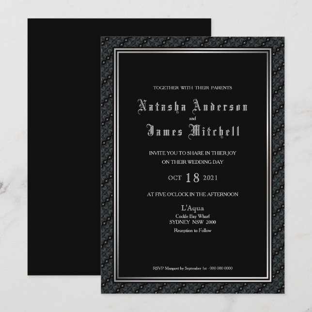 Invitation Mariage frontalier noir et blanc décoratif (Devant / Derrière)