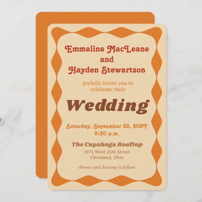Invitation Mariage frontalier orange super et Brown (Devant / Derrière)