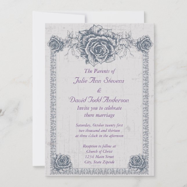 Invitation Mariage frontalier Rose Vintage bleu (Devant)
