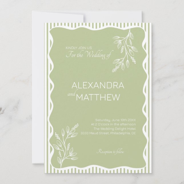 Invitation Mariage frontalier Wavy Whimsical Green Sage (Devant)