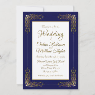 Invitation Mariage frontière bleu et or de la marine décorati