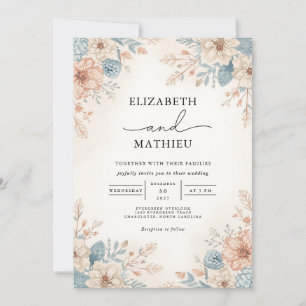 Invitation Mariage frontière floral bleu pâle