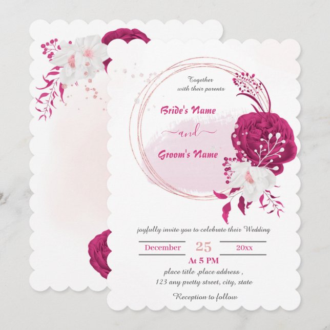 Invitation mariage fuchsia & blanc à couronne florale (Devant / Derrière)