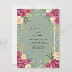 Invitation Mariage Fuchsia Céladon Ranunculus Eucalyptus