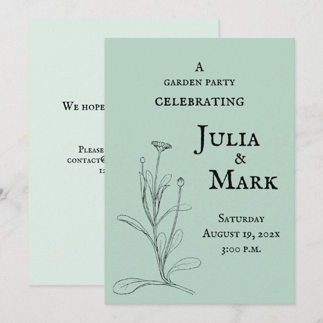 Invitation Mariage Garden Party | Sage bleu vert (Devant / Derrière)