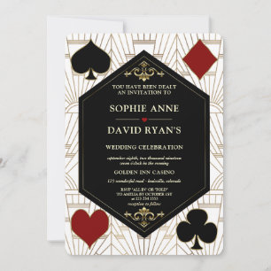 Invitation Mariage Gatsby Code QR Casino Art Déco Or Blanc 