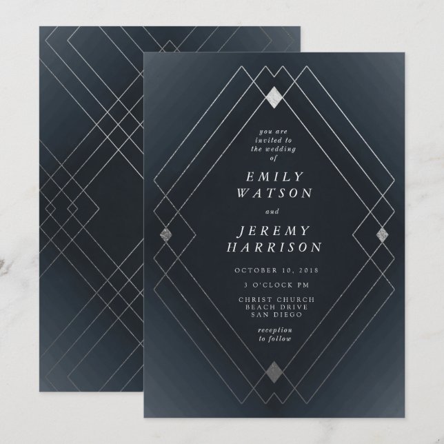 Invitation Mariage Gatsby de la marine diamant d'argent (Devant / Derrière)