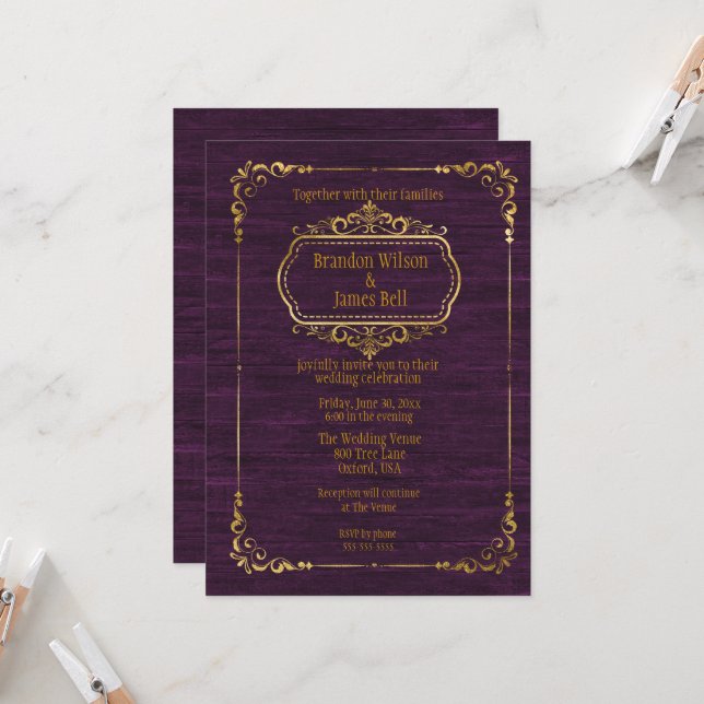 Invitation Mariage Gay Couple violet Barnwood et Gold Frames (Devant/Arrière en situation)
