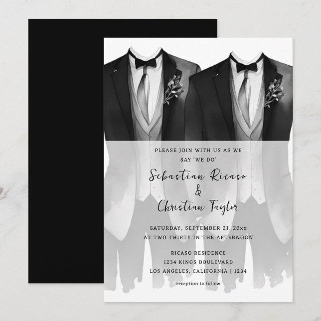 Invitation Mariage gay deux pièces en costume et Cravate (Devant / Derrière)
