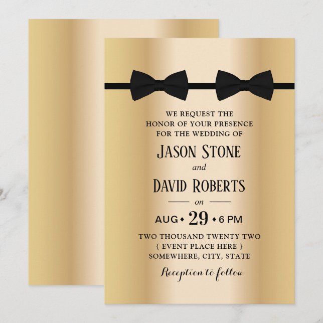 Invitation Mariage Gay Double Bow Cravates d'or moderne (Devant / Derrière)