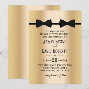 Invitation Mariage Gay Double Bow Cravates d'or moderne