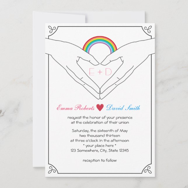 Invitation Mariage gay élégant Coeur main et Arc-en-ciel (Devant)