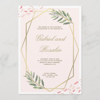 Invitation Mariage géométrique à bordure florale d'or