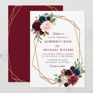 Invitation mariage géométrique à fleurs bordeaux