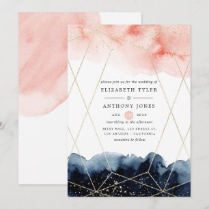 Invitation Mariage géométrique à l'aquarelle bleu marine et r