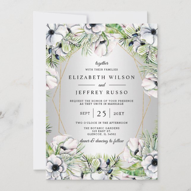 Invitation Mariage géométrique argent blanc anémone or (Devant)