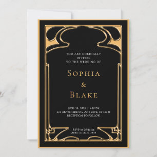 Invitation Mariage géométrique Art déco noir et or
