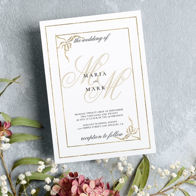 Invitation Mariage géométrique blanc arc or monogramme initia (Geometric white gold bow monogram initials wedding)