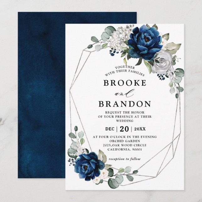 Invitation Mariage géométrique blanc ivoire de marine (Devant / Derrière)