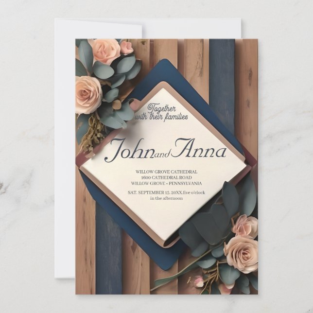 Invitation Mariage géométrique bleu bleu bleu bleu bleu marin (Devant)