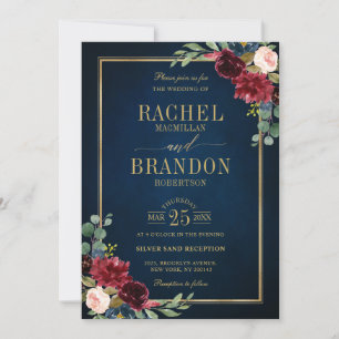 Invitation Mariage géométrique bleu bleu marine Bourgogne or
