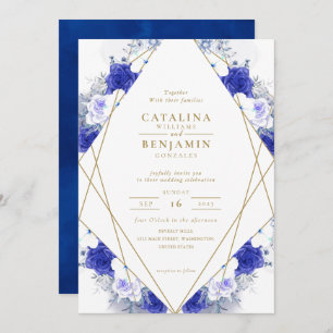 Invitation Mariage géométrique bleu bleu violet or