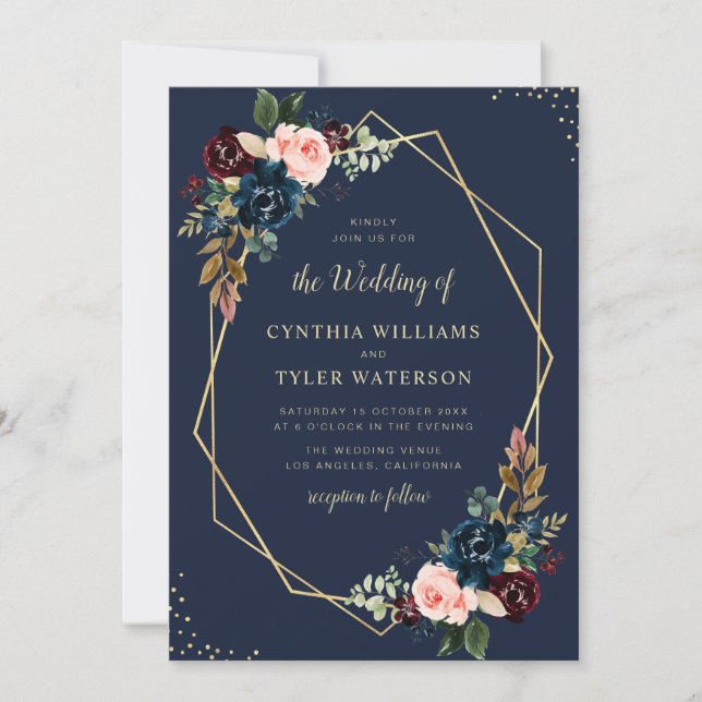 Invitation mariage géométrique bleu bordeaux & bleu marine (Devant)