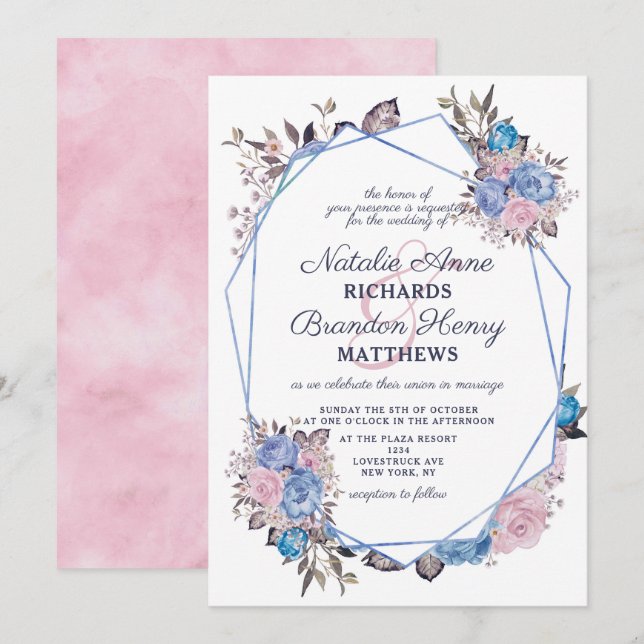 Invitation Mariage géométrique bleu et rose de charme parisie (Devant / Derrière)