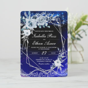 Invitation Mariage Géométrique Bleu Royal Et Blanc Argenté