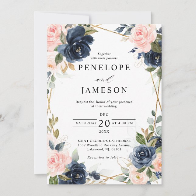 Invitation Mariage géométrique Blush de la marine en bois rus (Devant)