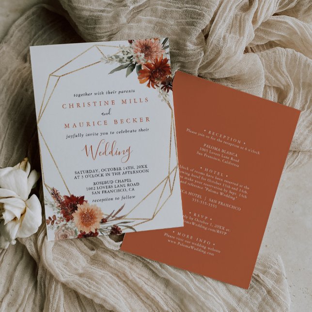 Invitation Mariage géométrique bohème floral doré avant et ar (Créateur téléchargé)