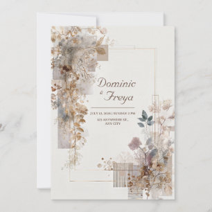 Invitation Mariage Géométrique Botanique Taupe Feuille d'Or d