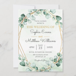 Invitation Mariage géométrique cadre Eucalyptus or vert