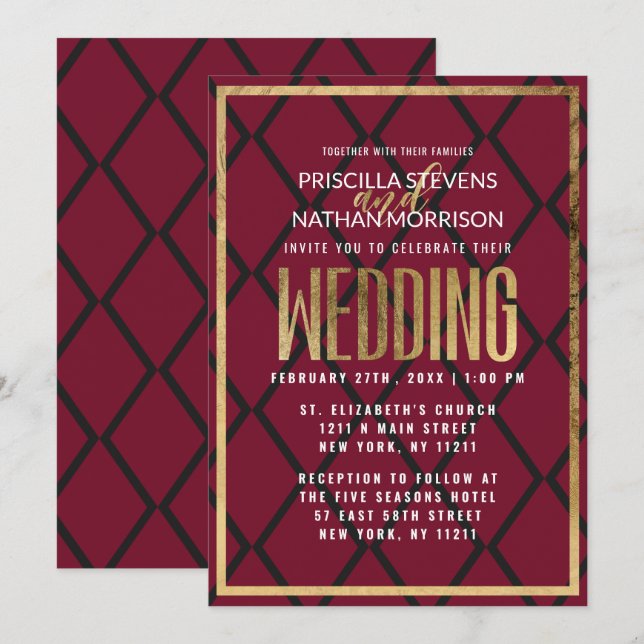 Invitation Mariage géométrique Chic Burgundy Black Gold Borde (Devant / Derrière)