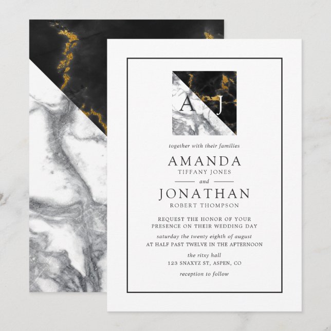 Invitation Mariage géométrique chic de marbre et d'huile (Devant / Derrière)