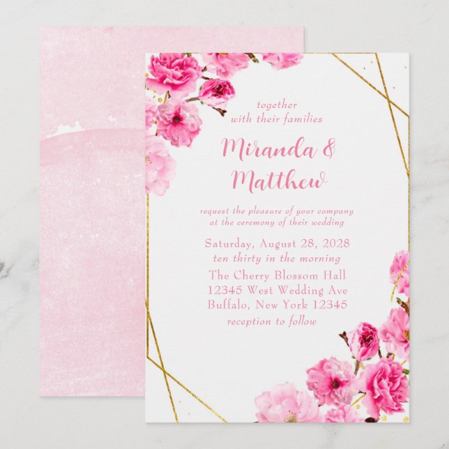 Invitation Mariage géométrique Chic rose cerisier (Devant / Derrière)
