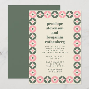 Invitation Mariage géométrique chic rose et vert moyen