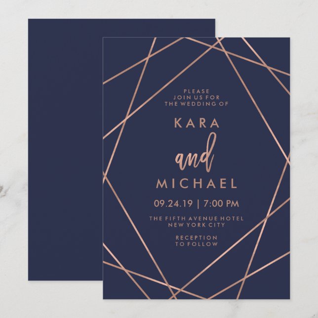 Invitation Mariage géométrique de bleu marine de l'or rose | (Devant / Derrière)