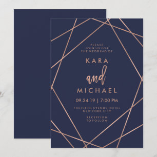 Invitation Mariage géométrique de bleu marine de l'or rose  