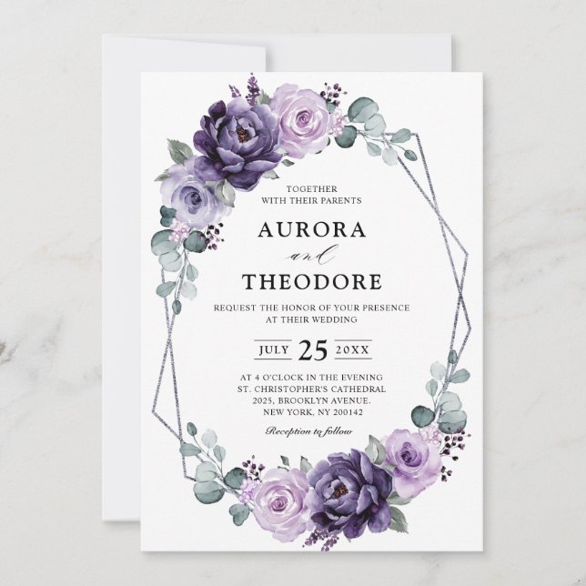 Invitation Mariage géométrique de fleurs florales d'argent vi (Devant)