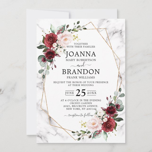 Invitation Mariage géométrique de marbre floral de Bourgogne (Devant)