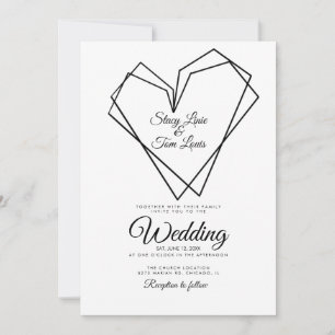 Invitation Mariage Géométrique Double Cœurs Noir Moderne