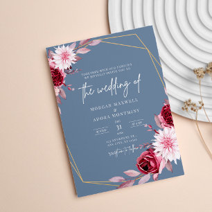Invitation Mariage géométrique Dusty Blue et Burgundy Gold