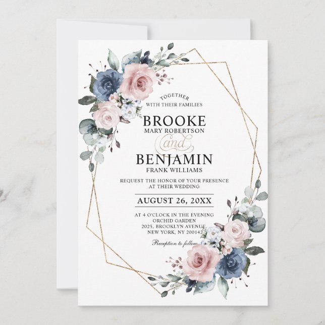 Invitation Mariage géométrique Dusty Blue Mauve Eucalyptus (Devant)